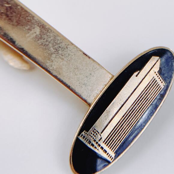 VTG Mid Century Black Cufflinks Tie Bar Chain 3-Piece Set Skyscraper Gold Tone - Picture 10 of 16